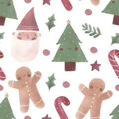 Cute watercolor Christmas pattern. Christmas decorations and characters. Watercolor elements 