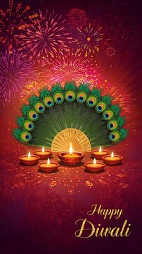 Vibrant Diwali Festival Background with Fireworks, Lit Diyas, and Floral Peacock Design