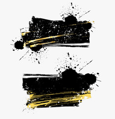 Set of black grunge banners for your design. Modern grungy design with vintage texture and decorative golden paint strokes