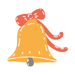 Golden bell with a red bow, isolated design element on white background. Hand-drawn illustration, vibrant color palette. Suitable for musical, Christmas, and children’s themes