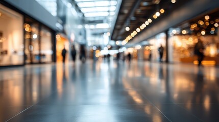 Fototapeta premium People walking through a modern shopping mall corridor, blurred for abstract effect, reflecting the vibrant commercial environment and dynamic retail experience with bokeh lights