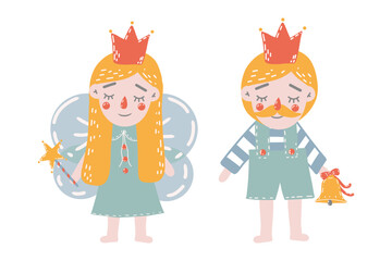 Little king and queen, cute characters for babies. Hand-drawn in playful naive style. Isolated design elements on white background. Perfect for decorating baby rooms, children’s parties, playrooms