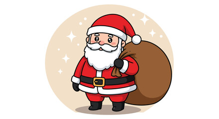Adorable cartoon Santa Claus carrying a large sack of gifts.