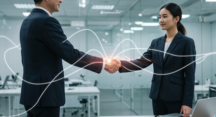 Business handshake concept with graphic overlay representing data and collaboration