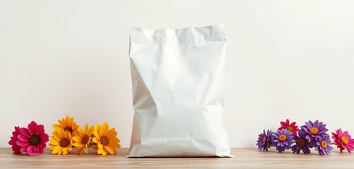 Plain white paper bag on a neutral background, design, template