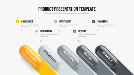 Corporate Briefing Five Option Diagram Presentation Layout. Company Performance 5 Element Infographic Frame Template. Market Growth Slideshow Design Vector Illustration.