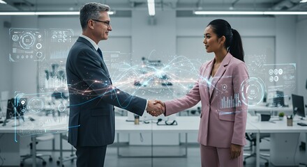 Business partners handshaking in modern office surrounded by futuristic digital interface