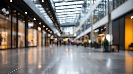 Obraz premium Blurry modern shopping mall interior featuring a long corridor with store displays and sparkling lights, creating a blurred bokeh effect of retail activity and consumerism