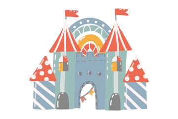 Little kingdom, toy castle. Isolated design element on white background. Bright color palette, hand drawn illustration. For decorating children’s and baby rooms, greeting cards, invitations, playrooms