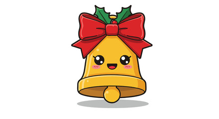 Adorable Kawaii Christmas Bell with Red Bow and Holly.