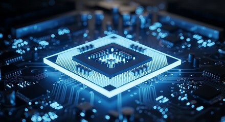 High quality image of closeup of a glowing blue microchip processor on a circuit board, symbolizing advanced computing power