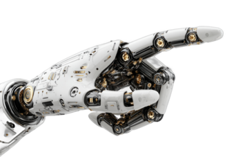 Futuristic Robotic Hand Pointing with Mechanical Details and Metallic Finish on Transparent Background
