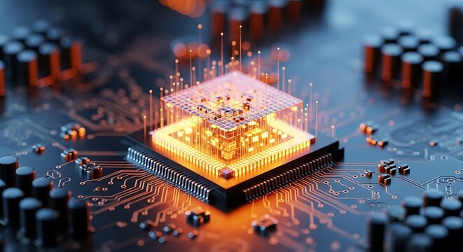 High quality image of closeup view of a glowing orange central processing unit on a circuit board with intricate pathways and components, symbolizing advanced technology and data processing - Powered by Adobe