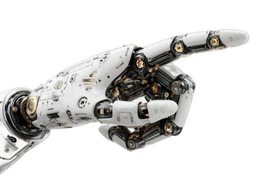 Futuristic Robotic Hand Pointing with Mechanical Details and Metallic Finish on Transparent Background