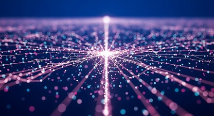 High quality image of abstract network of glowing digital connections and particles spreading out from a central bright light source
