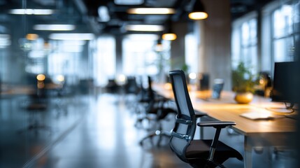 Modern open plan office features rows of empty desks and ergonomic chairs, highlighting a vacant corporate workspace with a blurred background of large windows