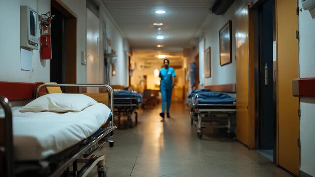A tranquil hospital corridor lined with empty beds and medical equipment, symbolizing healing and care in a serene yet clinical environment, emphasizing the need for wellness.