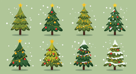 Collection of Eight Decorated Christmas Trees with Snowflakes.