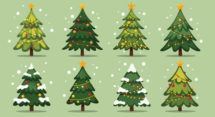 Collection of Eight Decorated and SnowCovered Christmas Trees.