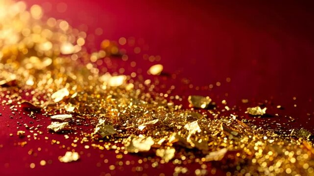Gold flakes on red background