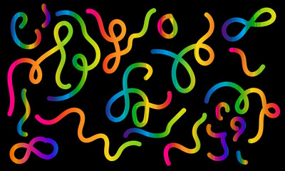Abstract rainbow colored wavy lines and infinity symbols scattered on a, vibrant and playful design