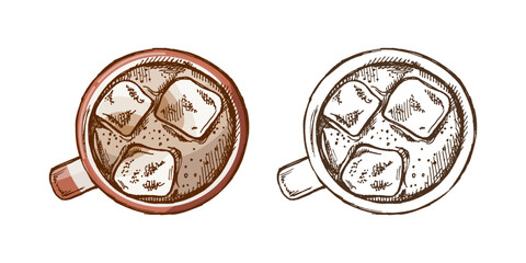 Hand drawn vintage sketch of iced drink in mug with ice cubes, top view, color and monochrome version