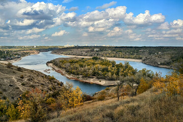 Autumn view of Dnieper river and Baida Island.