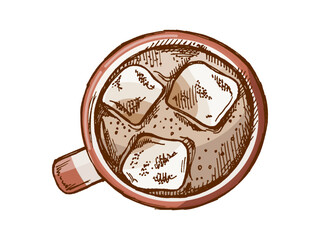 Hand drawn vintage sketch of iced drink with ice cubes in ceramic mug, top view, color version
