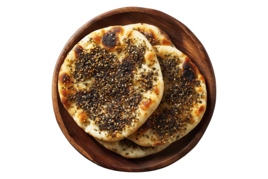 Manakish freshly baked round Turkish flatbread with za'atar, cheese or minced meat on wooden plate isolated on white transparent background, concept of traditional cuisine