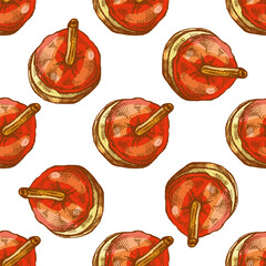 Hand drawn vintage seamless pattern of caramel candied apple on stick in bright red glaze, color version