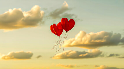 Fototapeta premium Heart balloons float amidst golden clouds, perfect for Valentine's Day greetings and romantic celebrations, evoking love, joy, and heartfelt sentiments
