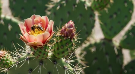 Honeybee visiting blooming prickly pear cactus flower in arid landscape