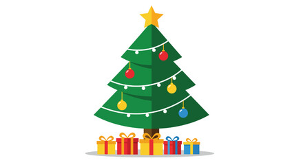 Festive Green Christmas Tree Decorated with Ornaments and Presents.