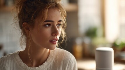 AI integration in daily life, young woman using voice assistant in cozy modern kitchen, soft sunlight through window, peaceful tech tone