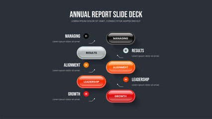 Project Strategy Five Element Diagram Slide Template. Financial Innovation 5 Step Infographic Presentation Design. Market Plan Slideshow Layout Vector Illustration.