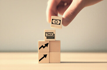 Tax Efficiency Hand Stacking Blocks with Money and Arrow Icons Symbolizing Financial Growth