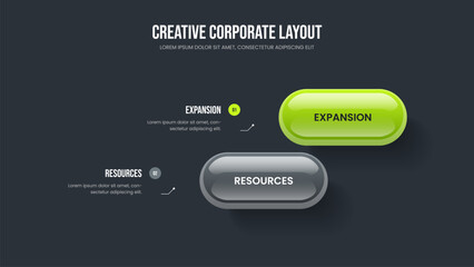 Investor Launch 2 Element Diagram Slideshow Layout. Professional Visualization Slide Template Vector Illustration. Market Overview Two Option Infographic Presentation Design.