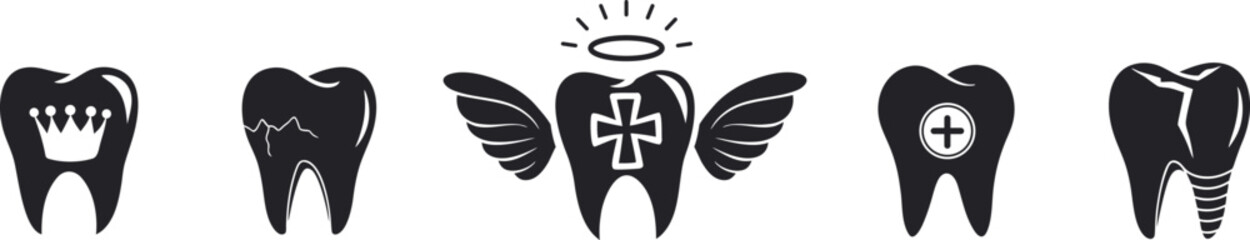 Black dental icons set featuring implant, cracked tooth, medical cross, wings, and crown symbol. Perfect for dentist clinic branding, logo, and oral health education. Modern vector silhouette 