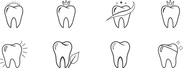 Dental icons set showing healthy tooth, cavity, cracked enamel, medical cross, and toothache expressions. Perfect for dentist clinic branding, logo, and oral care education. Clean minimal vector 