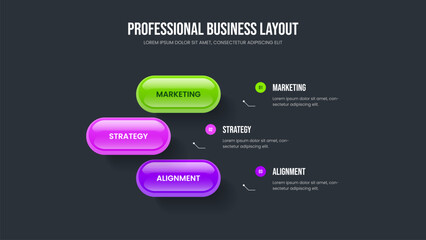 Service Performance 3 Step Diagram Slide Design. Company Overview Three Option Infographic Frame Layout. Business Development Slideshow Template Vector Illustration.