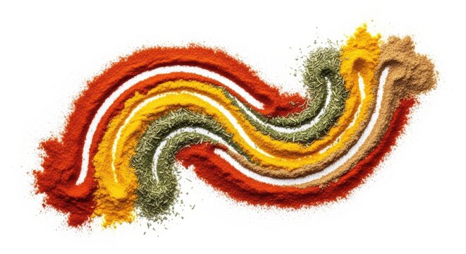 Abstract Dynamic Swirl Pattern of Vibrant Colorful Ground Spices Including Paprika, Turmeric, Dried Herbs, and Cumin Powder, Studio Shot Isolated on White Background.