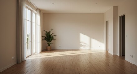 Obraz premium Bright interior with wooden floor and houseplant