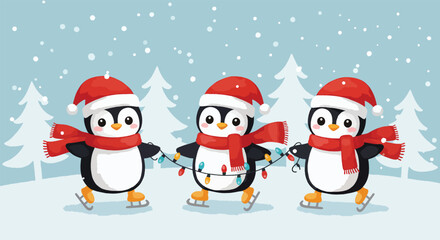 Three cute cartoon penguins wearing Santa hats and scarves ice skating and holding Christmas lights.