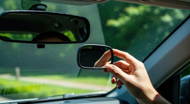 Hand adjusting small car mirror inside vehicle, with rearview mirror and green outside view