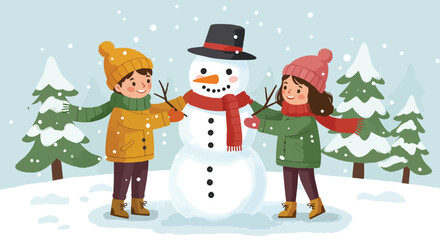 Two children building a snowman in a snowy winter landscape.