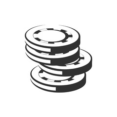 Stacked black and white gambling chips shows a pattern of concentric circles on a white backdrop