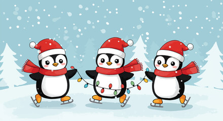 Three cute cartoon penguins wearing Santa hats and scarves ice skating with Christmas lights.