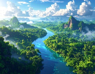 Scenic aerial view of a lush tropical rainforest with a blue river flowing through it
