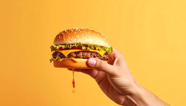 Male hand holding tasty burger on color background. Delicious fast food concept showing fresh ingredients and appetizing meal.