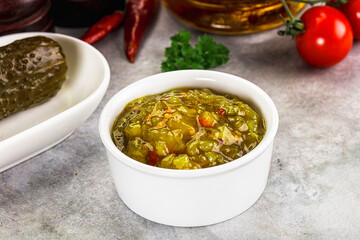 Souce gherkin relish with marinated cucumbers